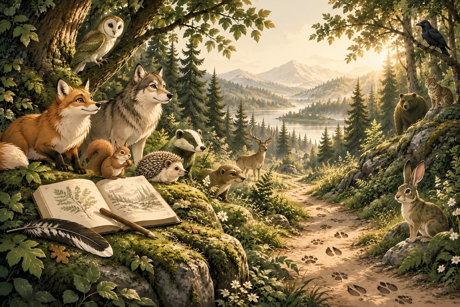 An illustrated woodland valley with several forest animals.